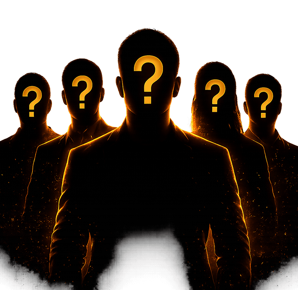 Cinco speakers en silueta con el rostro oculto tras un signo de interrogación — sus identidades se revelarán pronto.