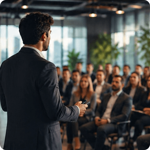 Speaker frente a una audiencia en evento empresarial